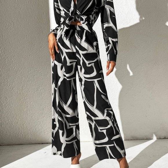 white black shirt & wide leg pant set chic fun - Picture 2 of 6